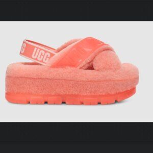 UGG Fuzzita Clear Cross Slide Slingback Platform Coral Sheepskin Womens 11